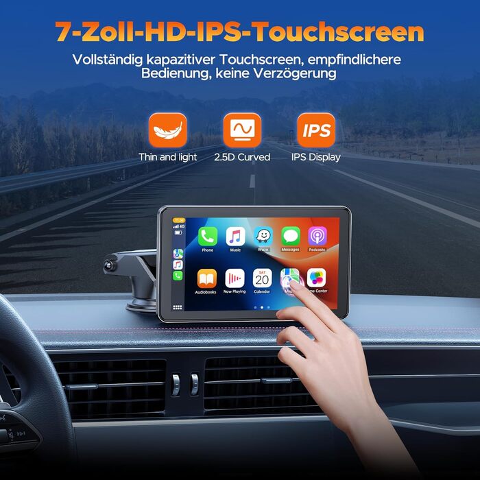 Volam Бездротовий CarPlay/Android Auto дисплей 7 дюймів, сенсорний екран, Mirror Link, навігація, музика, Siri, Google Асистент, Bluetooth 5.0, AUX, FM