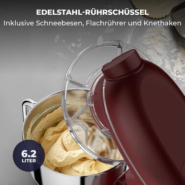 Кухонна машина з машиною для пасти – 2000W, електрична, з нержавіючою чашею 6.2L (червона)