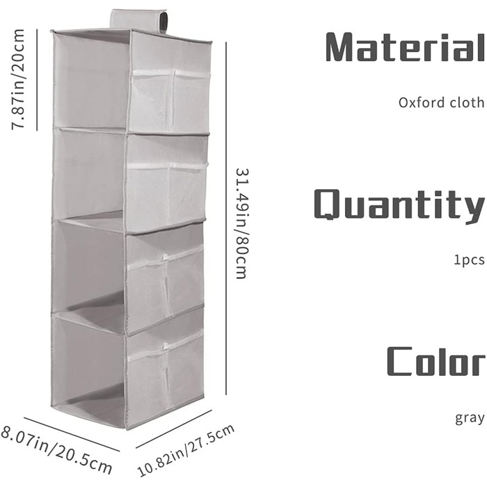 Настінна полиця-органайзер для шафи, сіра, 4 відділення, 12 кишень, 30x22.5x80 см