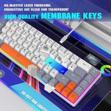 Механічна ігрова клавіатура Snpurdiri з RGB підсвічуванням, компактна, ергономічна, для офісу та ігор (63/68 біло-чорно-оранжева)