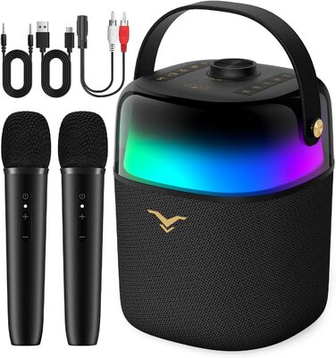Караоке система з 2 мікрофонами, LED-підсвічуванням, портативна партійна колонка, 80W, USB/Bluetooth/AUX, для дому та на вулицю (для дорослих та дітей)