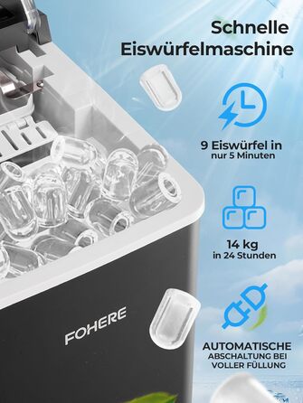 Машина для приготування льоду FOHERE з ручкою, 14 кг/24 год, 9 кубиків льоду за 5 хвилин, 2 розміри, самоочищення, портативна з лопаткою та кошиком – ідеальна для дому, кухні, офісу, кемпінгу, вечірки, RV