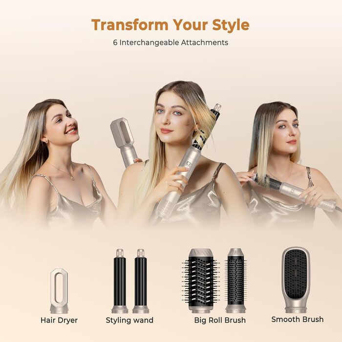 UKLISS Hairstyler 6 в 1 Airbrush: професійний набір для укладки волосся | 1000W | Air Curler, фен-щітка, стайлер для локонів, об'єму та випрямлення | Золотий