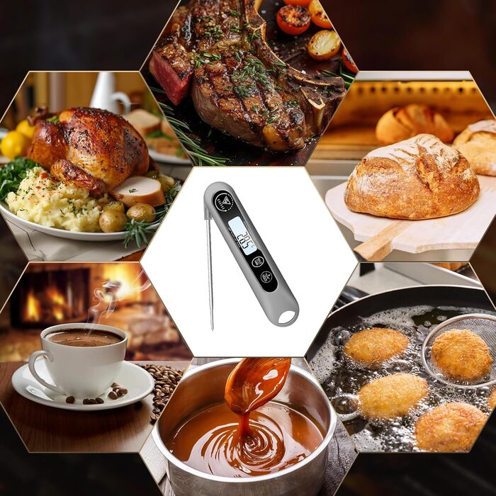 Цифровий кухонний термометр DOQAUS для м'яса, приготування їжі, випікання та гриля, швидка реакція 3s, LCD дисплей, автоматичне вмикання/вимикання (сріблястий/чорний)