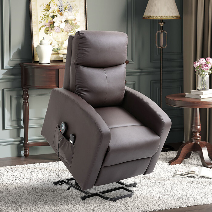 HOMCOM Recliner Chair with Rise Assist and Electric Massage Function, Reclining Function, Faux Leather, Brown, Comfortable Armchair with Remote Control