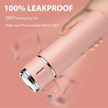 Stainless Steel Thermos Flask with Cup and Handle - 500ml Insulated Travel Mug, Leak-Proof, Double-Walled, Vacuum Insulated, Keeps Hot/Cold for 12 Hours - for Kids, Sports, Travel (Black, Pink)