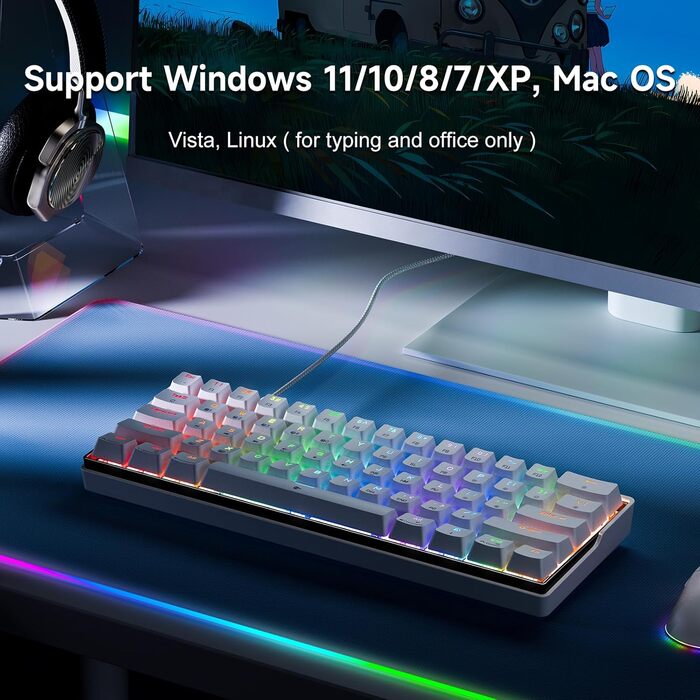 KEMOVE K61SE - Механічна ігрова клавіатура: 61 клавіша, Red Switch, RGB, Anti-Ghosting, US-Layout, для PC, білий корпус