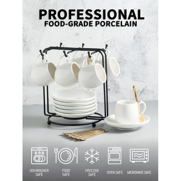 Набір кавових чашок для еспресо LYEOBOH (6 шт.) з підставками та ложками, 85 мл, кераміка, білий