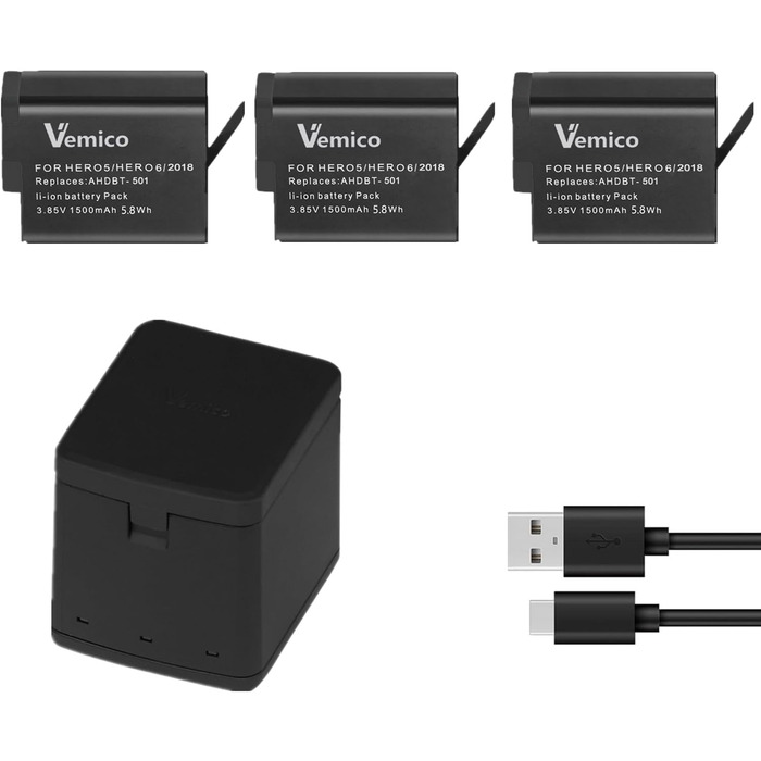 Зарядний комплект Vemico Hero 7/6/5: 3 акумулятори 1500mAh, зарядний пристрій з LED, Type-C, сумісний з Hero 7/6/5/2018, AHDBT-501