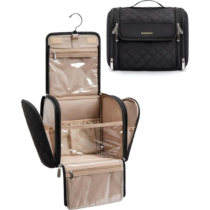 Органайзер для косметики BAGSMART, велика косметичка для жінок, чорний, з петлею для підвішування