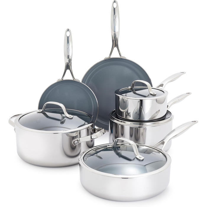 Набір посуду GreenPan Valencia Pro Tri-Ply з нержавіючої сталі, 10 предметів: каструлі та сковороди з керамічним антипригарним покриттям без PFAS та PFOA, багатошарове дно, сумісний з індукцією, безпечний для миття в посудомийній машині, духовці та грилі
