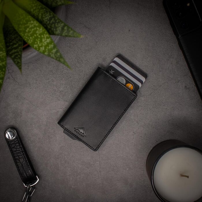 Гаманець чоловічий RFID Stealth Wallet з алюмінієвим каркасом та шкірою (чорний) - захист від сканування карт, мінімалістичний, з подарунковою коробкою