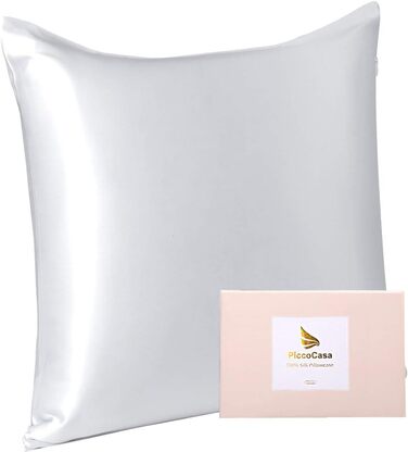 PiccoCasa Seide Pillowcase 80x80 100% Silk Pillowcase 22 Momme Pillow Cover Hair and Skin Care with Zipper & Gift Box Silver Gray 80x80cm