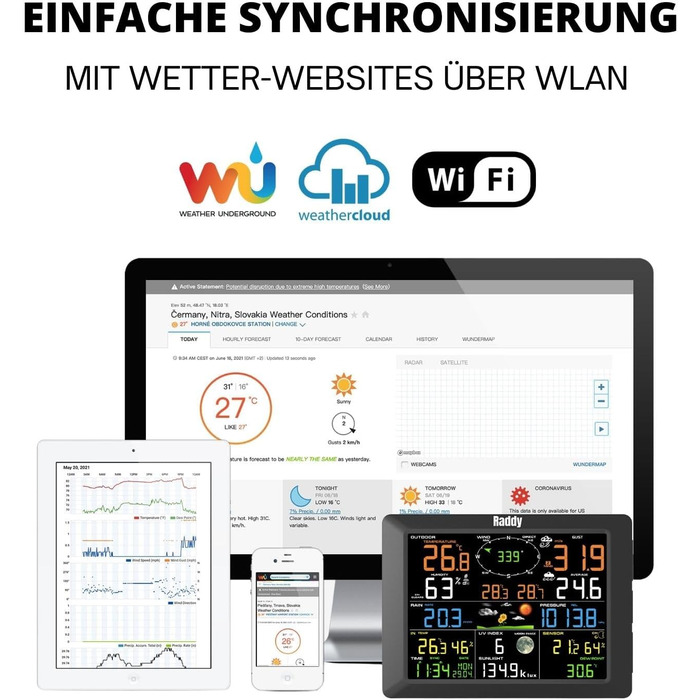 Метеостанція Raddy WF-100C з датчиком температури та вологості, Wi-Fi, 14-в-1: цифровий термометр для дому, офісу, спальні в подарунковій коробці