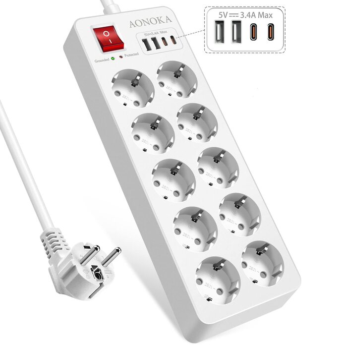 Сетевий фільтр на 10 розеток з USB-C та USB портами, подовжувач з захистом від перенапруги, вимикачем та можливістю монтажу на стіну, кабель 1.5м, білий