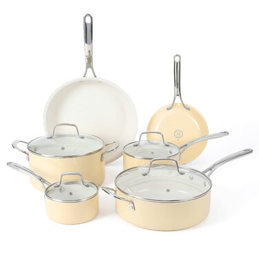 Набір кухонного посуду Martha Stewart Lockton Premium 10 предметів: каструлі та сковороди з керамічним антипригарним покриттям (без PFA), емальоване алюмінієве лиття, колір - вершковий