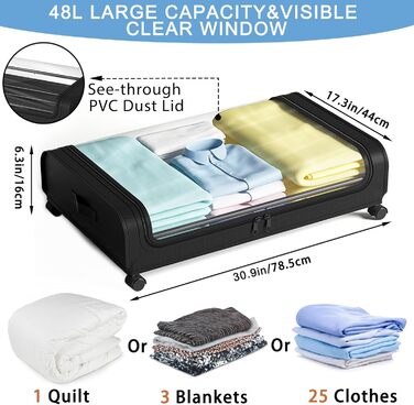 Коробка для зберігання під ліжком 2 шт. з коліщатками, 48L, металевий каркас, органайзер для одягу, взуття, ковдр, постільної білизни (Чорний)