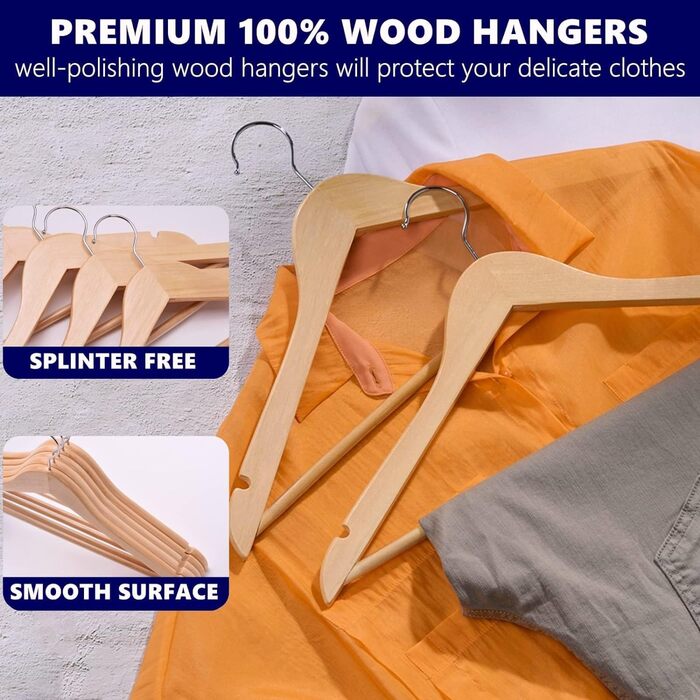 Amber Home 30-Piece 17.5-inch Natural Wooden Clothes Hangers with Bar and Notch, Sturdy Hanger for T-Shirt, Shirt, Suit, Coat, Dress, Wedding, Camisole