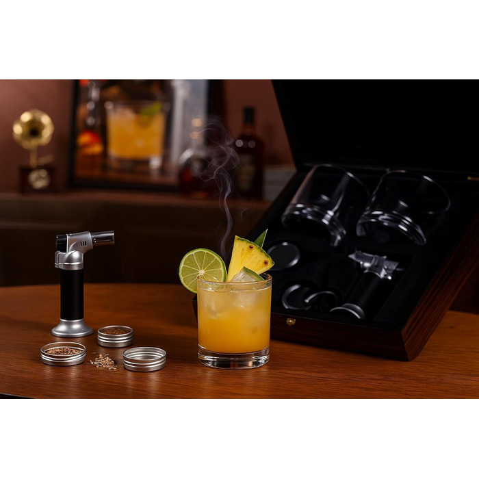 Преміум дерев'яний бокс для віскі з набором для копчення, ліхтарик, тріски, 2 склянки, набір для копчення коктейлів, подарунок для чоловіків, віскі, бурбон, День батька, ідеї подарунків на день народження