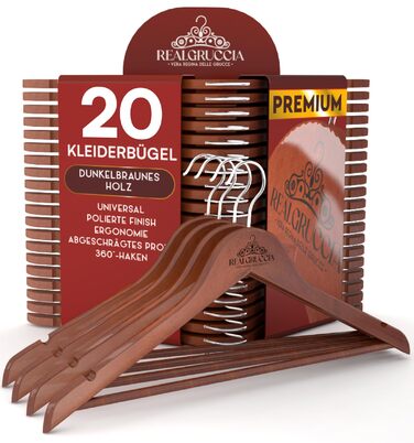 Дерев'яні вішалки для одягу 20 шт. RealGruccia, темно-коричневі. Підходять для штанів, костюмів, сорочок. З антиковзким покриттям, обертовим гачком та похилими профілями. Розмір: 22x45 см