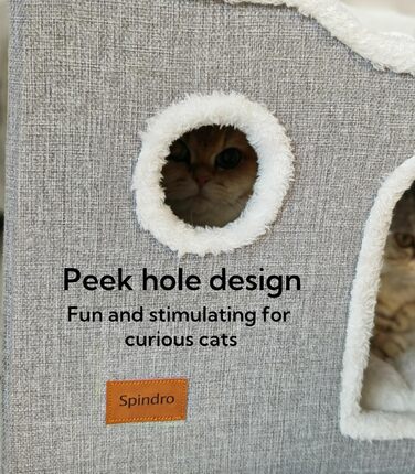 Spindro Cat Cave Cat Bed Large, Cat House Indoor Cat Sleeping Place with Removable Sherpa Cat Cushion and Hanging Toy, Cat Bed, Light Grey 42x42x33cm