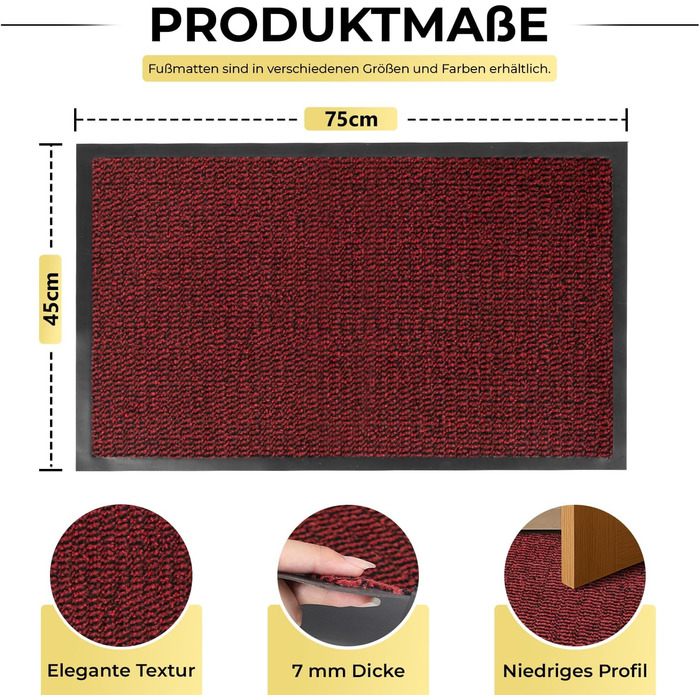 Приматрас BLADO для дому та вулиці, протиковзний та зносостійкий килимок для входу, червоний, 45 x 75 см