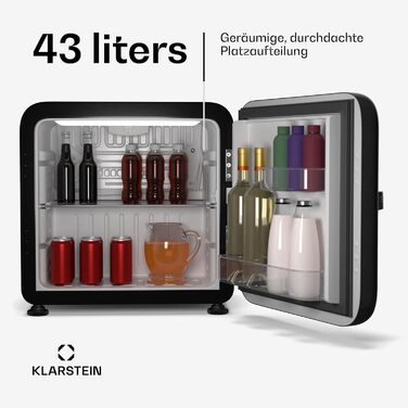 Klarstein Mini Fridge with Freezer Compartment - 32L Compact Refrigerator for Drinks & Cosmetics, Retro Mini Bar, Quiet Small Fridge, Skincare Fridge for Room (43L, Energy Class E, Black)