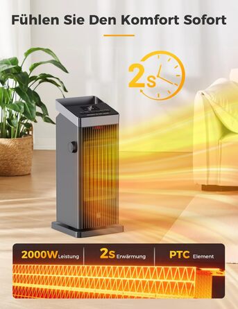 Електричний обігрівач QEXREED 2000W з PTC термостатом, 4 режими, таймер 24 год, дистанційне керування, захист від перегріву та перекидання, для дому та офісу