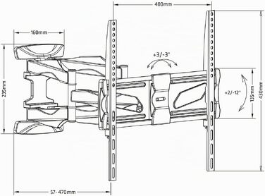 Настінний кронштейн для телевізора Maclean 26–70 дюймів, похилий та поворотний (-12°/160°), до 45 кг, VESA 400x400, з кабелеменеджментом