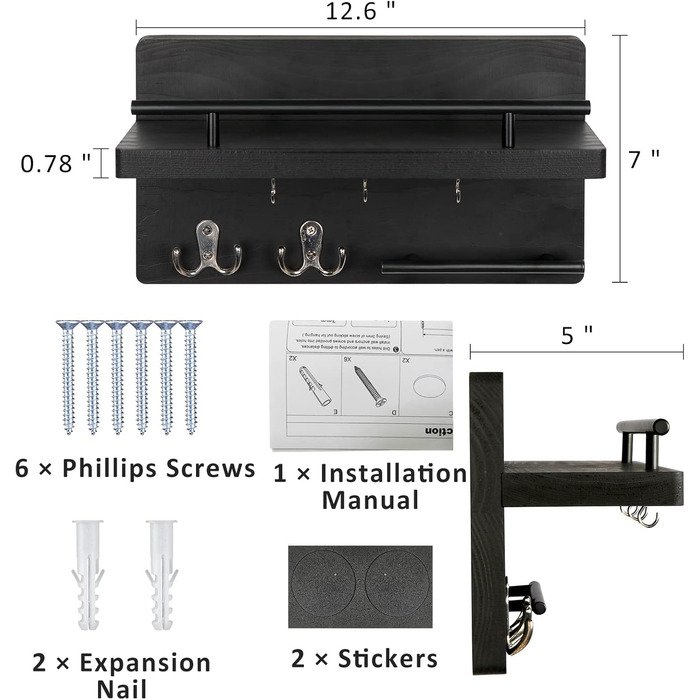 Настінна вішалка для ключів на 5 гачків, дерев'яна дошка для ключів з полицею, настінний органайзер для ключів, рустикальна вішалка для ключів, органайзер для ключів, декор для дому (чорний)