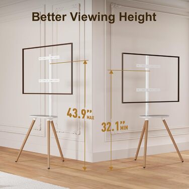 Підставка для телевізора 43-65 дюймів: регульована, поворотна, з дерев'яною полицею, VESA 400x400 мм, мінімалістичний дизайн (білий + бук)