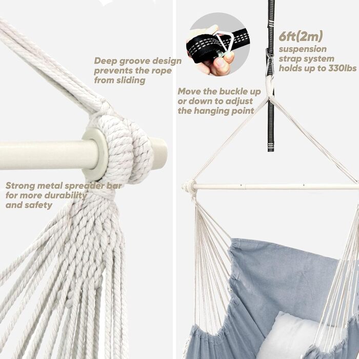 Chihee Hanging Chair Hanging Swing Maximum 500 lbs Includes 2 Cushions Steel Spreader Bar with Anti-Slip Grooves Portable Hanging Chair Side Pocket Large Macrame Bohemian Chair Indoor Outdoor
