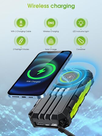 Портативний зарядний акумулятор Power Bank 52800mAh з сонячною панеллю, 30W, 7 виходів, з ліхтариком та LED-дисплеєм, чорний/зелений