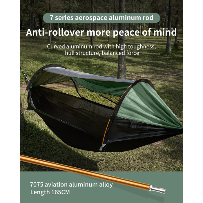 Гамак-намет для кемпінгу з москітною сіткою та сонцезахистом, 290x140 см, великий простір, багатофункціональний, легкий, з ременями для кріплення до дерева, підлоговий намет для відпочинку на природі, пішохідний туризм, зелений