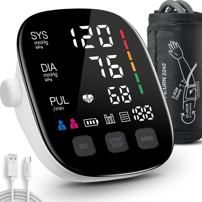 Тонометр на плече з великим LED-дисплеєм, визначення аритмії, вимірювання пульсу та індикатор ризику, 2×199 місця пам'яті, USB-порт, манжета 22-42 см