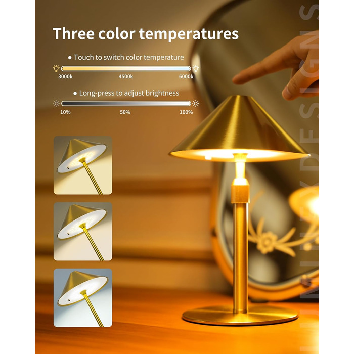 Нічник бездротовий акумуляторний Wiederaufladbare для вітальні, спальні, їдальні - Gold (латунь) з лампочкою, димуванням, сенсорним керуванням, 3-в-1