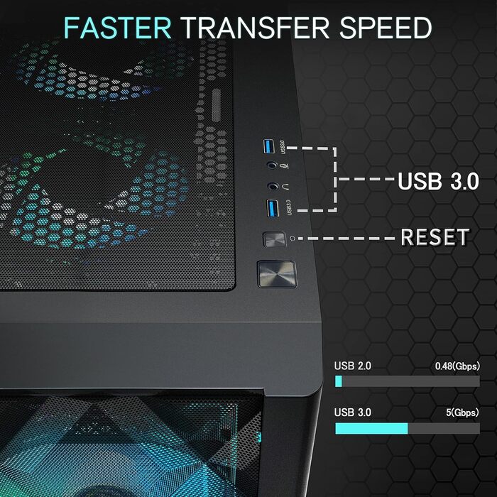 Комп'ютерний корпус MUSETEX ATX з 6 PWM ARGB вентиляторами, сітчаста передня панель, бокова панель з загартованого скла, USB 3.0 x 2, чорний, NN8