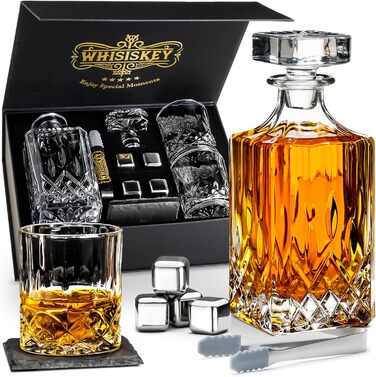 Whiskey Carafe Set - Whiskey Gift Set - Gifts for Men - Men's Gifts Gift - Birthday Gift for Men - Classic Decanter 700ML, 2 Whiskey Glasses, 4 Whiskey Stones