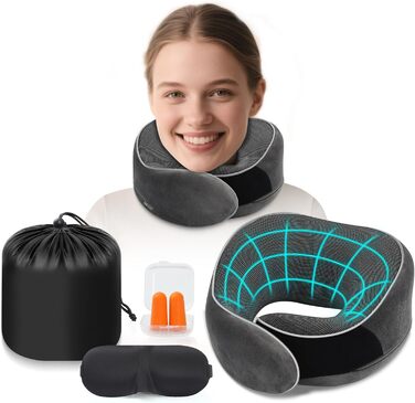Подушка для шиї у літак, Memory Foam, для дорослих, ергономічна підтримка шиї з 3D-маскою для сну, навушниками, сумкою - ідеальна для літака, авто, дому, офісу, подушка для сну (Сірий)