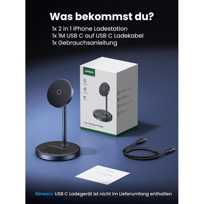 UGREEN MagFlow 2-в-1 Бездротова зарядка для iPhone з MagSafe, 90° регульована, кабель USB-C 1м