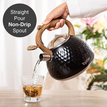 Чайник-свисток Toptier з дерев'яною ручкою, гучний свисток, нержавіюча сталь харчового класу, чайник для плити, індукція, дизайн 