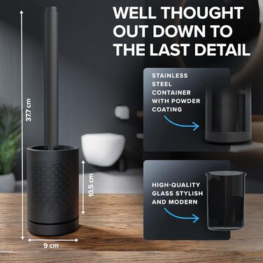 Торцева щітка для унітазу Arosund | Силіконова щітка для унітазу | З вентиляцією | Свободно стояча | Головка щітки для унітазу з нержавіючої сталі | З резервуаром для миючих засобів | Знімний піддон для крапель | Щітка для унітазу (Чорний)