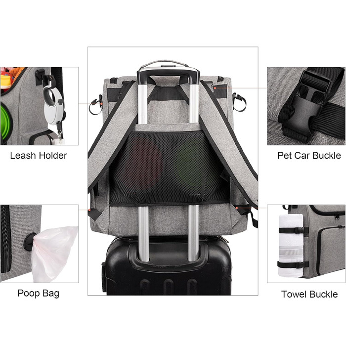 Чемодан для собак Modoker, сумка-переноска для тварин, схвалена авіакомпаніями, з органайзером, плечовим ременем, 2 контейнерами для корму та 2 складаними мисками (сірий)
