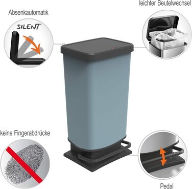 Відро для сміття Rotho Paso 40л з педальним механізмом та кришкою, пластик PP, BPA-free, металік, 40л (35.3 x 29.5 x 67.6 см), блакитне