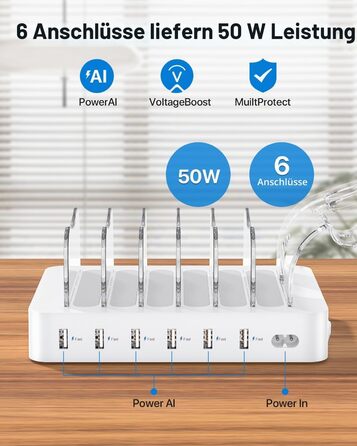 Зарядна станція SooPii USB з органайзером на 6 портів 50W, 6 кабелів, тримач для Apple Watch, біла