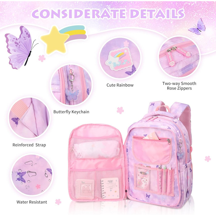 Рюкзак шкільний для дівчинки Schulrucksack, 43x35x17 см, фіолетовий з метеликами, для дітей 5-10 років, велика місткість