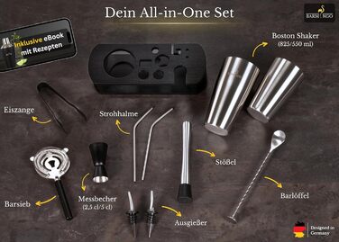 BARMINGO Stainless Steel Cocktail Set - 11 Piece Boston Shaker Set with Stand & Bar Accessories | Cocktail Shaker Set, Bartender Set, Bar Set | Black Silver