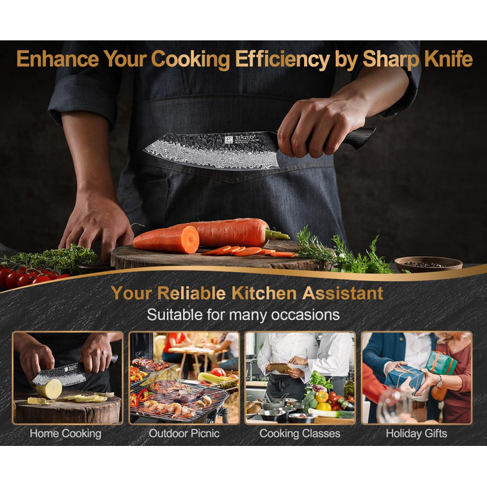 Ніж Сантоку XINZUO Damaststahl 19,3 см - професійний кухонний ніж з дамаської сталі, серія Mo, ергономічна ручка з білого дуба