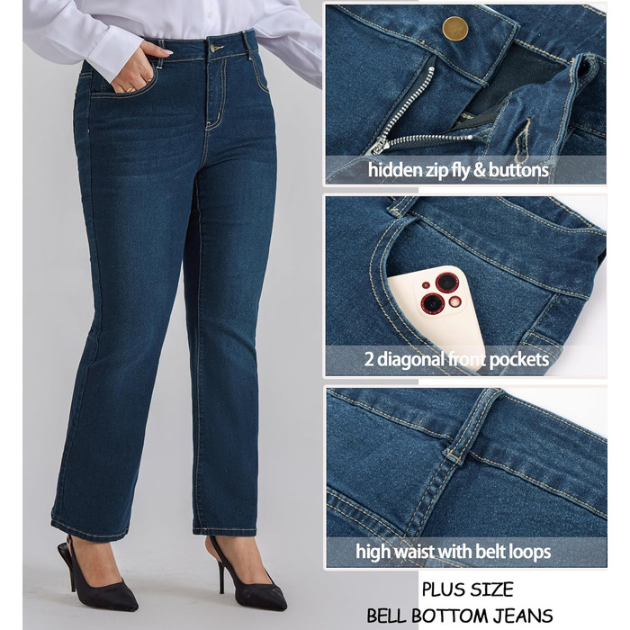 Жіночі джинси Bootcut Hanna Nikole великого розміру, висока талія, темно-синій, еластичні (34)