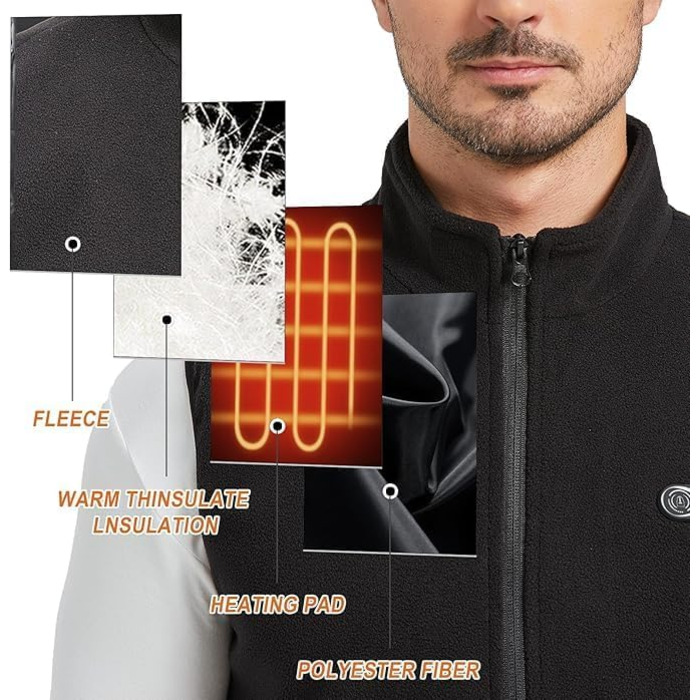Тепла флісова жилетка для чоловіків з регулюванням 3 рівнів нагріву, 5 зон нагріву, чорна, XXL. Підходить для активного відпочинку: їзди на конях, катання на лижах, риболовлі. (Акумулятор не входить до комплекту)